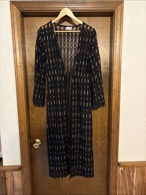 Black Crochet Longline Open Cardigan - Women
